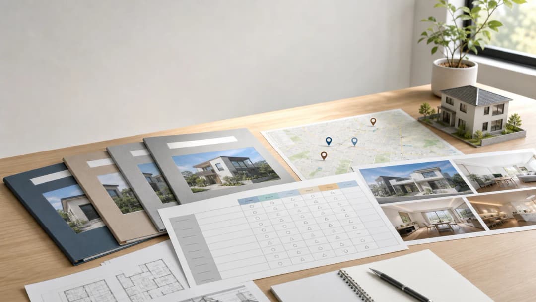 住宅会社の提案資料を比較するための表と家の模型