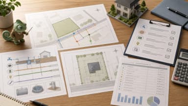 土地資料、上下水道図面、見積書を並べて引き込み費用を確認する資料