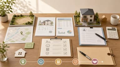 注文住宅の土地、ローン、契約前資料を整理する机上の資料