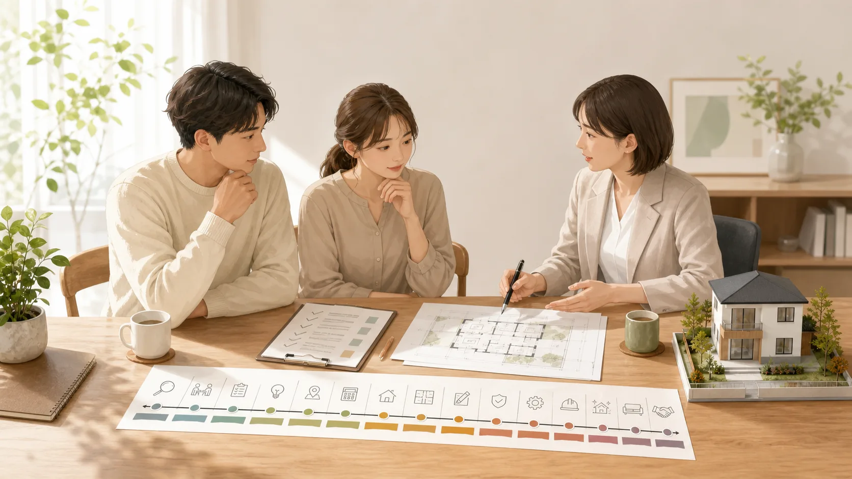 営業担当者との打ち合わせで家づくりの流れを確認している様子